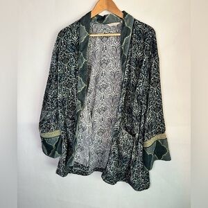 Soft Surroundings Open Jacket Womens Large Blue Brocade Velour Cardigan w Trim